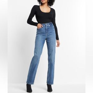 Super High Waisted Medium Wash Straight Jeans - Size 2